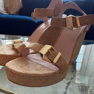 Stuart Weitzman Twofer Allover Natural Cork Gold Buckle Wedge Platform Heels 10M